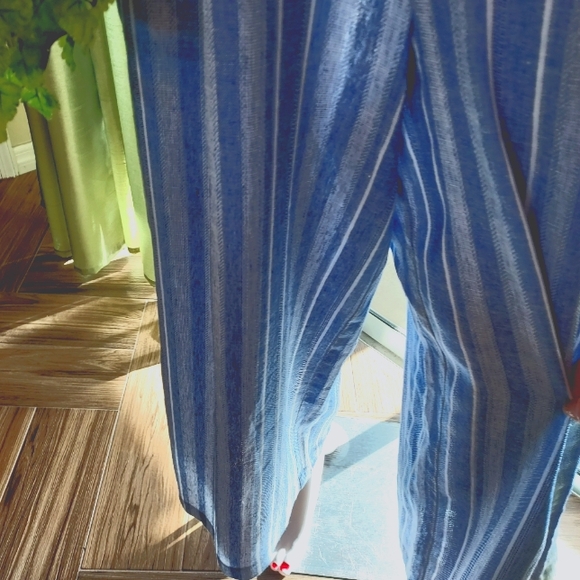 Calvin Klein Striped Linen & Rayon Jumpsuit in a Denim Blue & White. - Picture 12 of 16